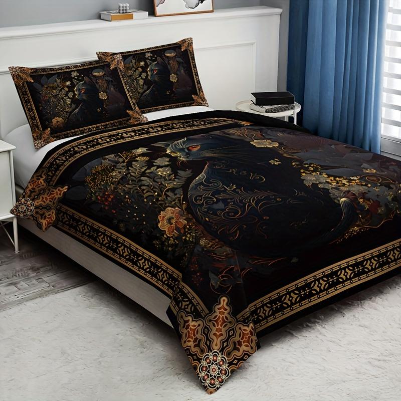 3pcs Duvet Cover Set (1*Duvet Cover + 2*Pillowcase, Without Core), Flower Animal Cat Print Bedding Set, Soft Comfortable