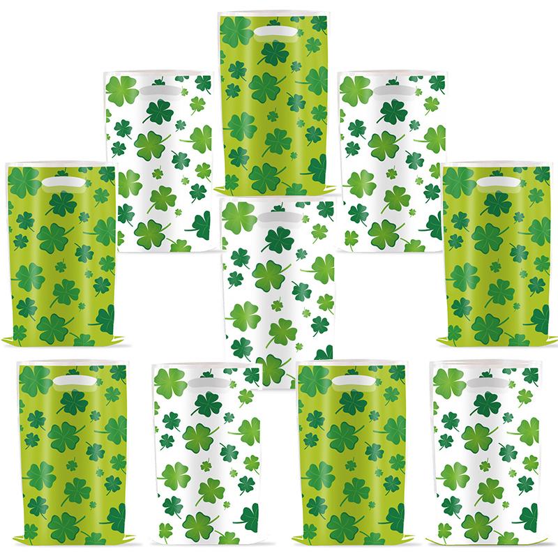 10pcs St.Patrick's Day Lucky Clover Snack cookies Gift Bag 2025 Birthday Party DIY Disposable Plastic Decorative Tote Bag