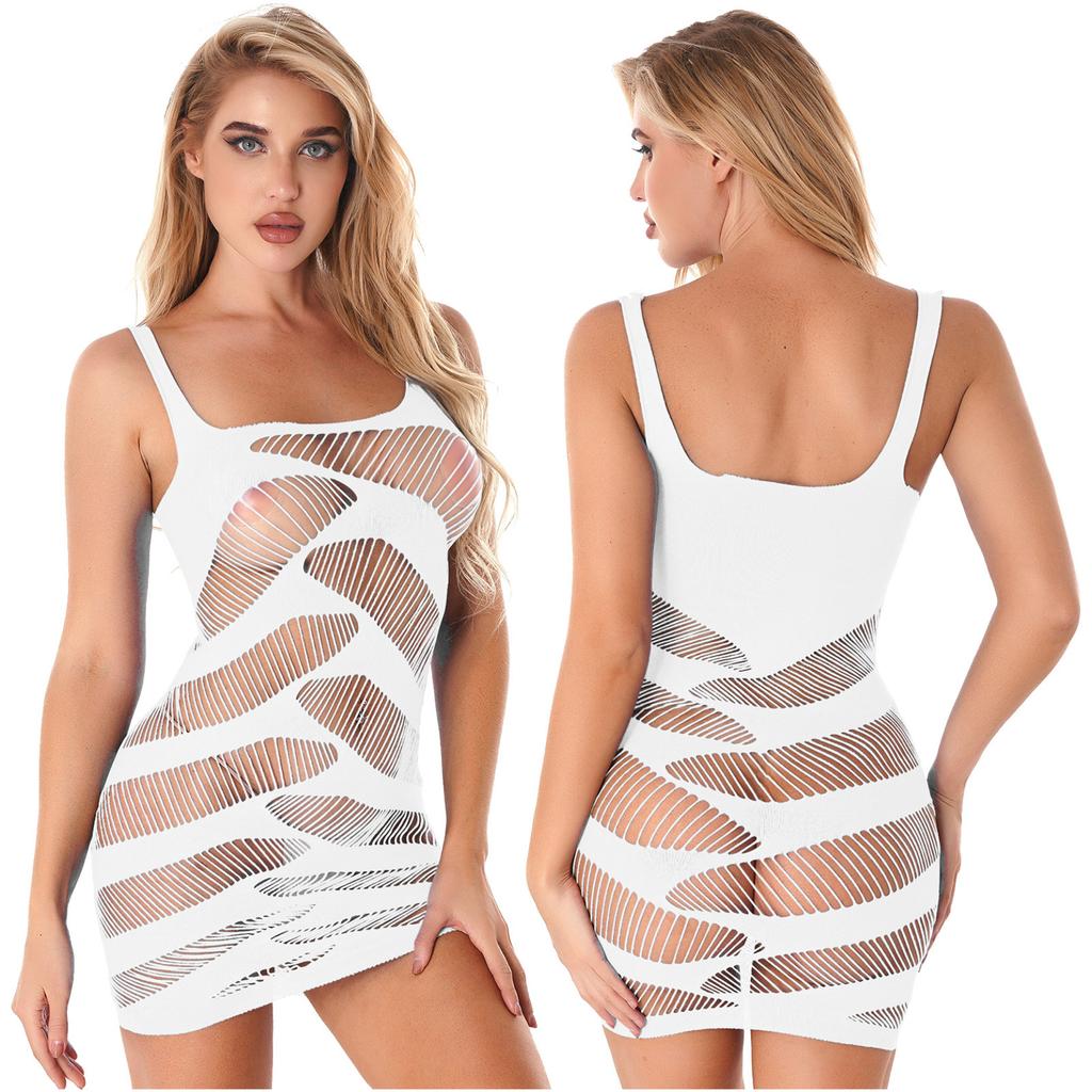 Sexy Women Fishnet Hollow Out Vest Party Beach Hot Bodycon Mini Dress Transparent Clubwear Strap Solid Dress Vestido Mujer Porno