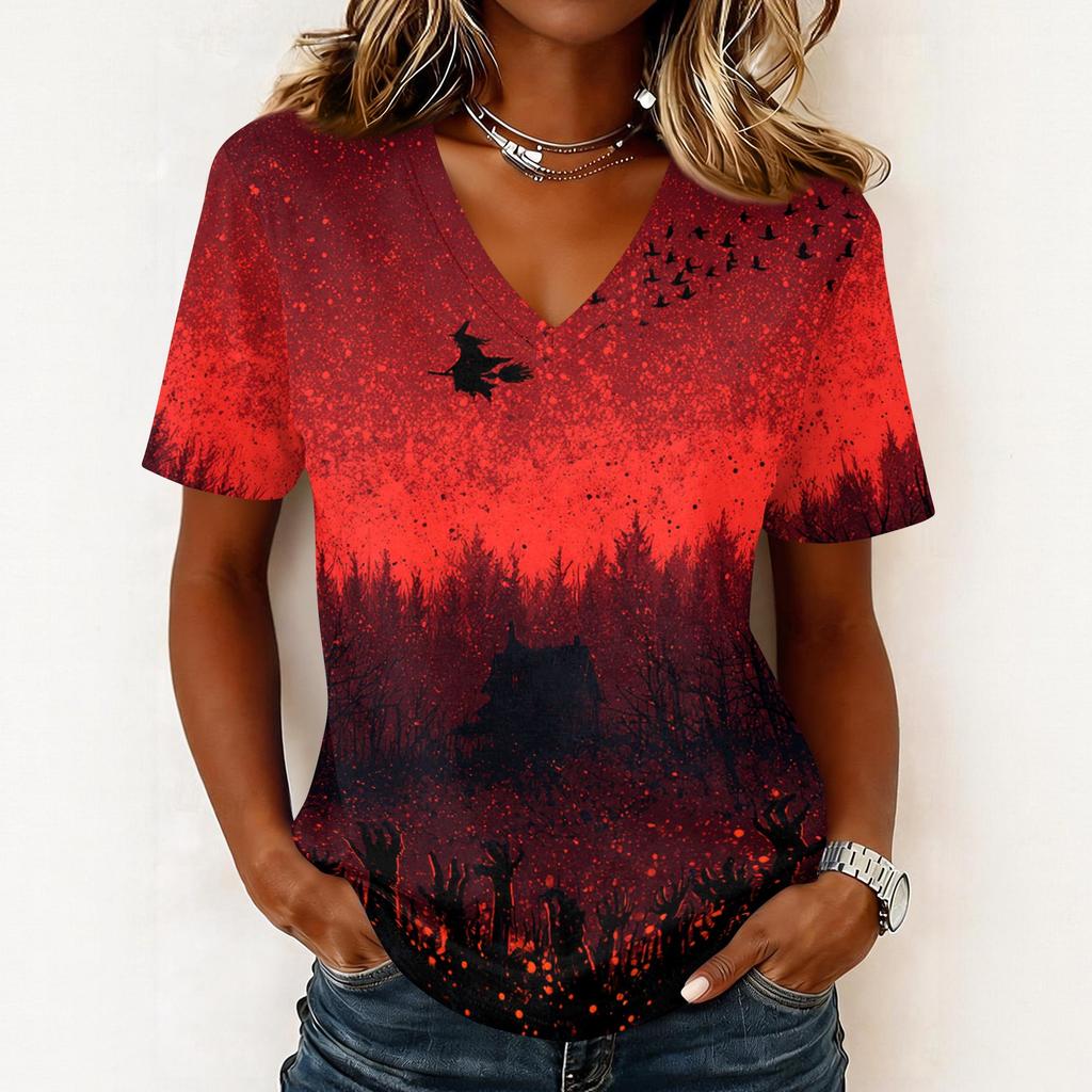 Women's Casual V Neck Pullover Top Halloween Ghost Print Short Sleeve Blouse Lightweight Comfortable Fit