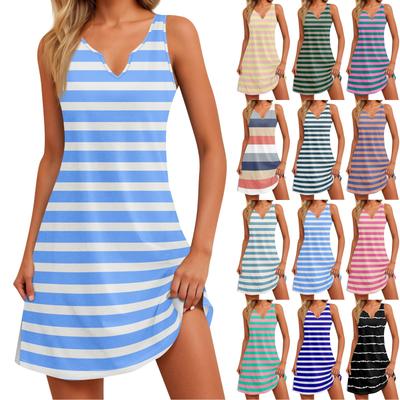 Γυναικείο Μοντέρνο Ριγέ Τυπωτό Κορμάκι V-Neck Φόρεμα με Σχίσιμο