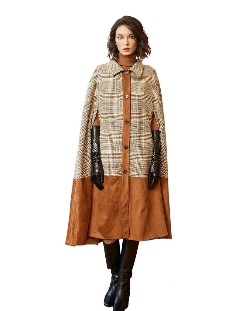 BEAUTELICATE Long Wool Blend Cape Poncho Outerwear for Check Size M Women's Coat, Cape, Cloak, Warmth, Elegant, Pocketless, Pattern, Autumn/Winter,