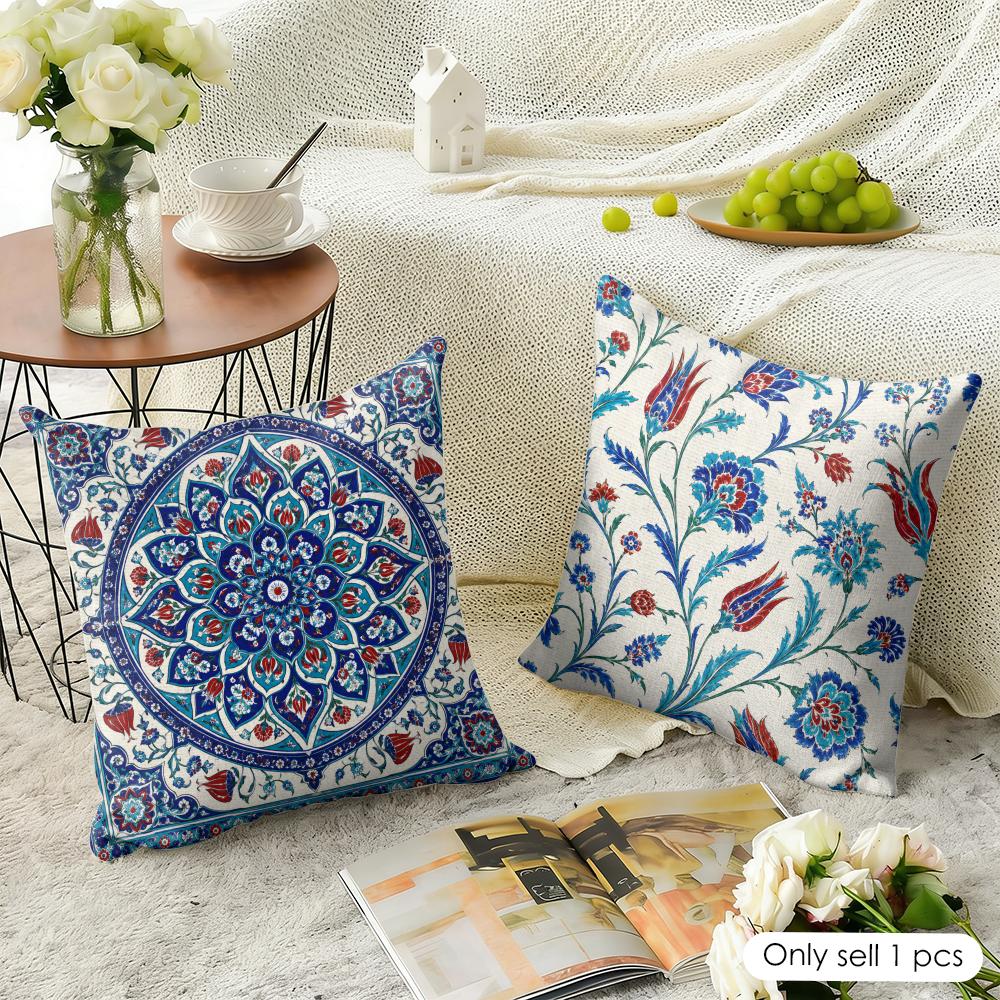 Blue Red Ottoman Style Cushion Cover Natural Linen Organic Fabric Double-Sided Printing Breathable Perfect For Home Decor
