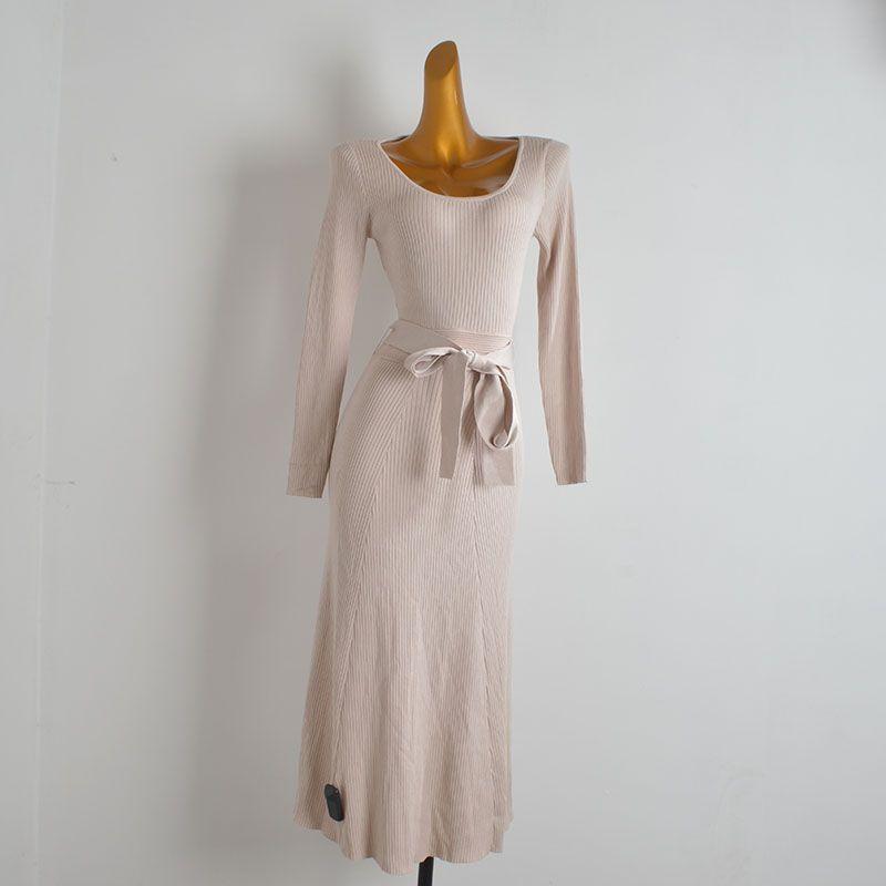 Foreign Trade Order Long Sleeve Knitted Dress Women Clothes Spring and Autumn Gyaru Sexy Hollow-out Backless Waist Lace-up Sheath Long Dress