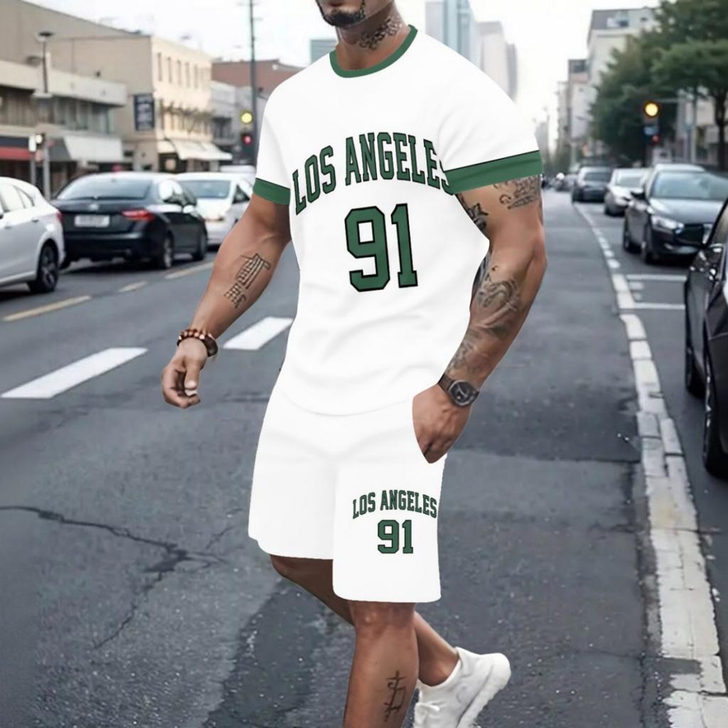 Men's Suit Casual Round-neck Short-sleeved Pullover T-shirt with Print Sporty Casual Pants Set