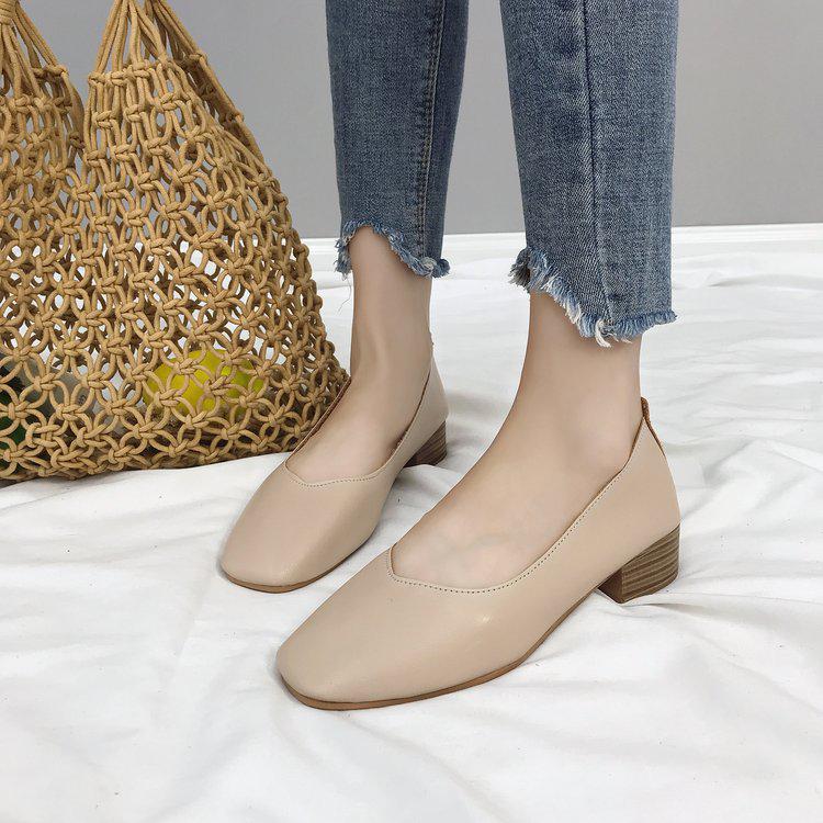 Shallow Mouth New Grandma Shoes Korean Version Soft Leather Single Shoes Women's Square Head Thick Heel Medium Heel Retro Women's Shoes