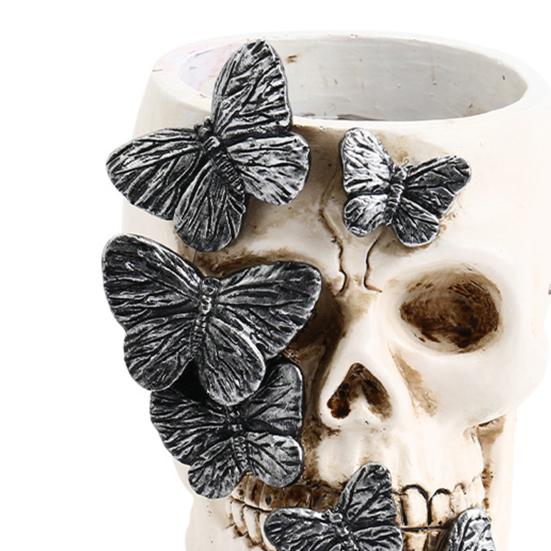 Gothic Butterfly Skull Pen Holder, Spooky Resin Skull Makeup Brush Holder, Multifunctional Halloween Tea Light Candle Holder for Desk, Shelf Decor