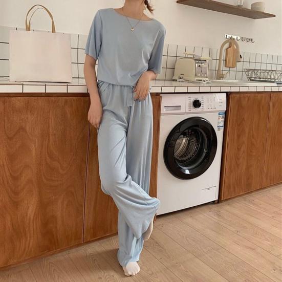 Casual Ice Silk Pajama Set with Round Neck T-shirt and Wide Leg Trousers
