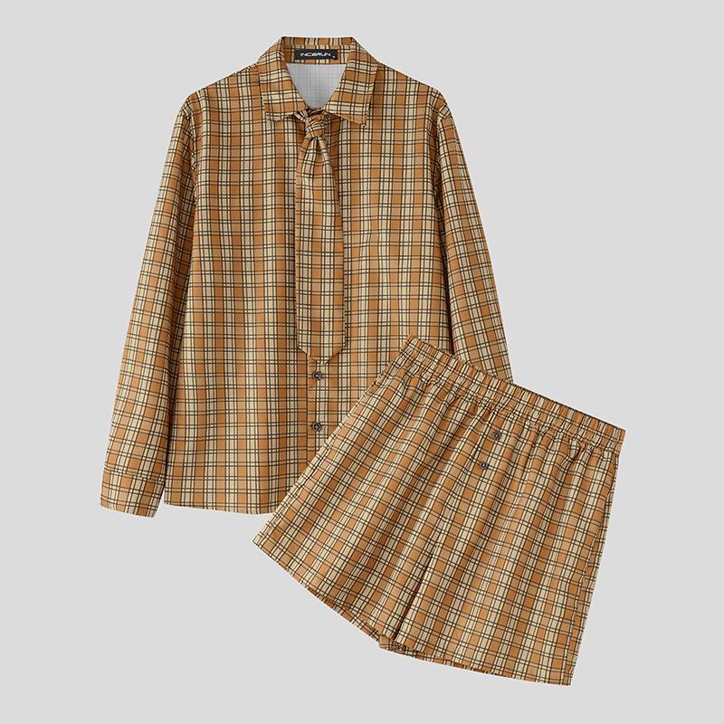 

INCERUN Two Pieces Men V Neck Plaid Long Sleeve Shirts Short Pants Casual Sets