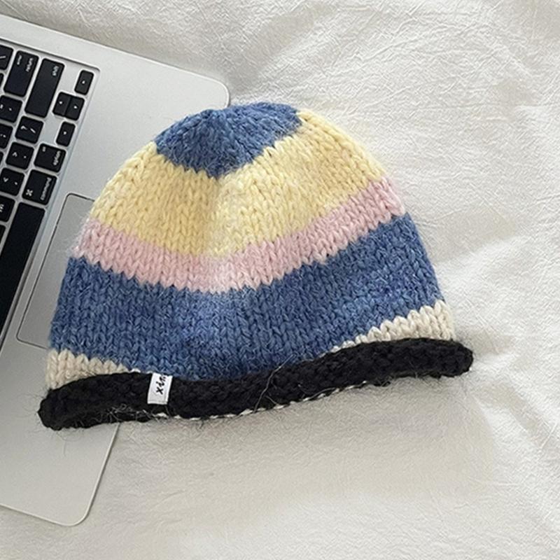 Traveling Bucket Hat Crochet Striped Plush Fisherman Hat for Y2K Girls Shopping