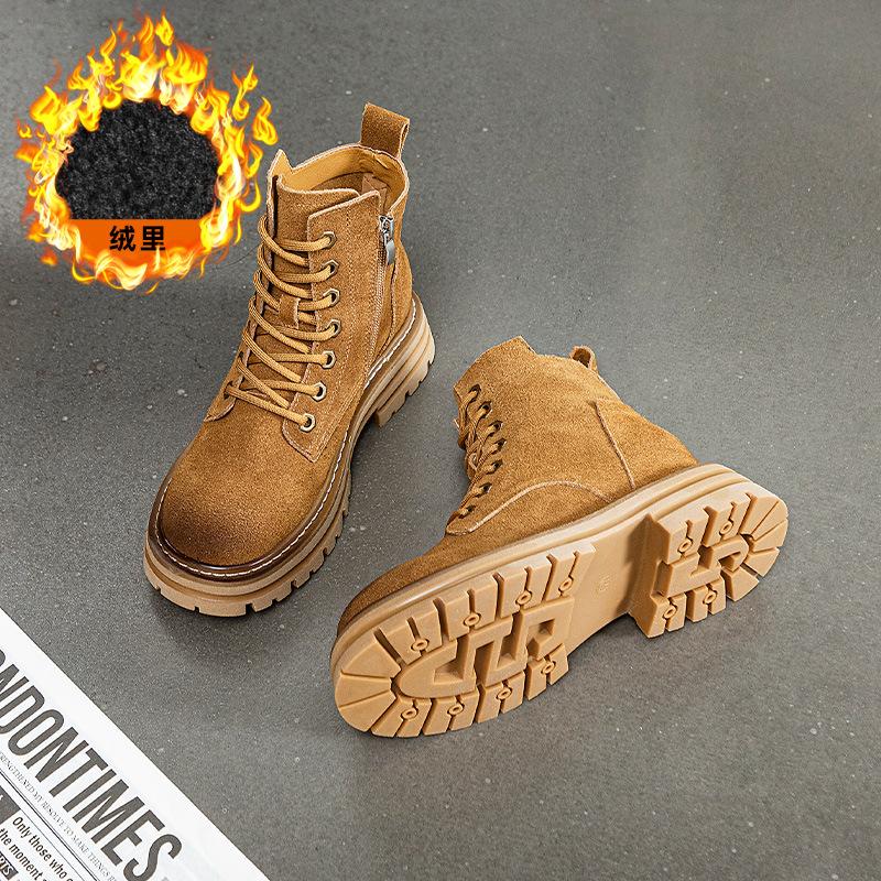 Thick-soled Martin Boots Women's Autumn and Winter New Cotton Retro Rhubarb Boots Genuine Leather Short Boots British Matte Locomotive Boots