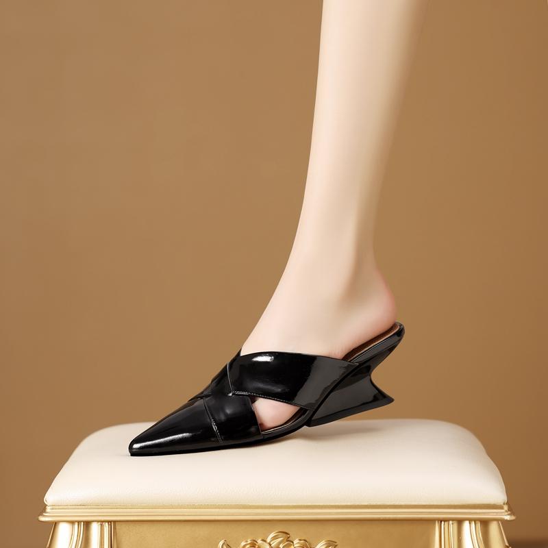 Fashion Women's New Spring/Summer Pointed Leather Cowhide Slope Heels Cross Headed Casual Fashion High Heel Large Size Muller Slippers