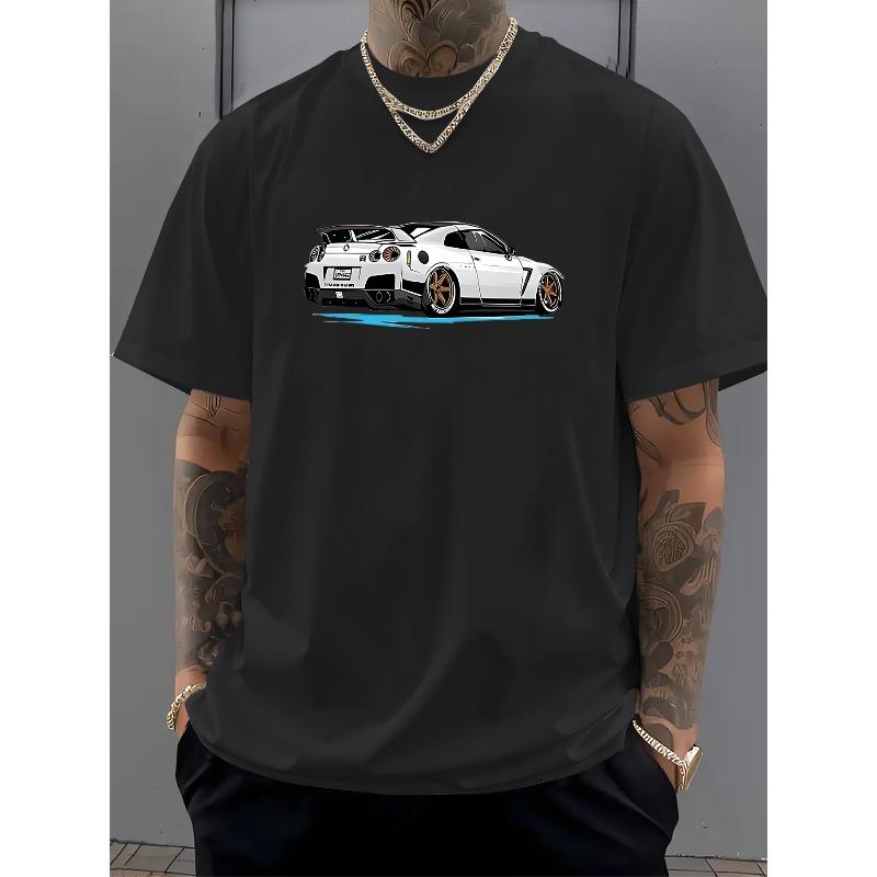 Sports Car Print Men s T-Shirt, Summer Men s Crew Neck Casual Short Sleeve Tee, Fashionable Versatile Trendy Printed Short Sleeve S