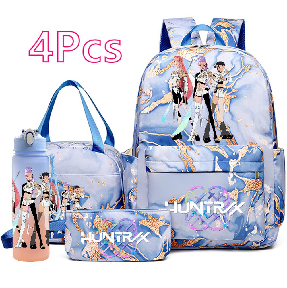 4 st/set K-Pop Tryckt Ryggsäck Handväska Pennfodral med 750 ml Vattenflaska för Tonårspojke Flicka Skolväska Student Stor Kapacitet Bokväska Barn Gåva
