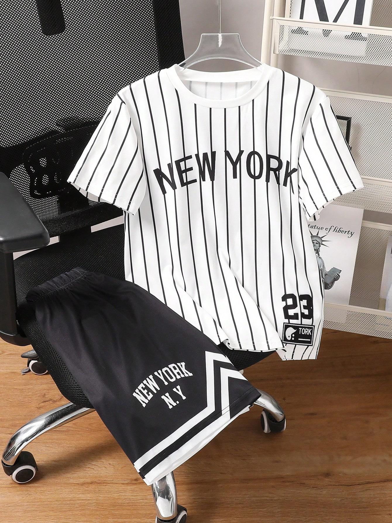 2-Piece Outdoor Comfort Striped Set for Boys (Size 23, NEWYORK, Crew Neck, Short-Sleeved Shirt and Shorts) - Spring/Summer Style 8Y белый