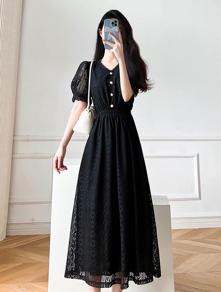 TOWYYO Summer Cute Short Balloon Elastic Solid Size L Women's Midi-Length Dress, All-Lace, Sleeves, V-Neck, Sleeves, Waist, Slimming, Color, A-Line,