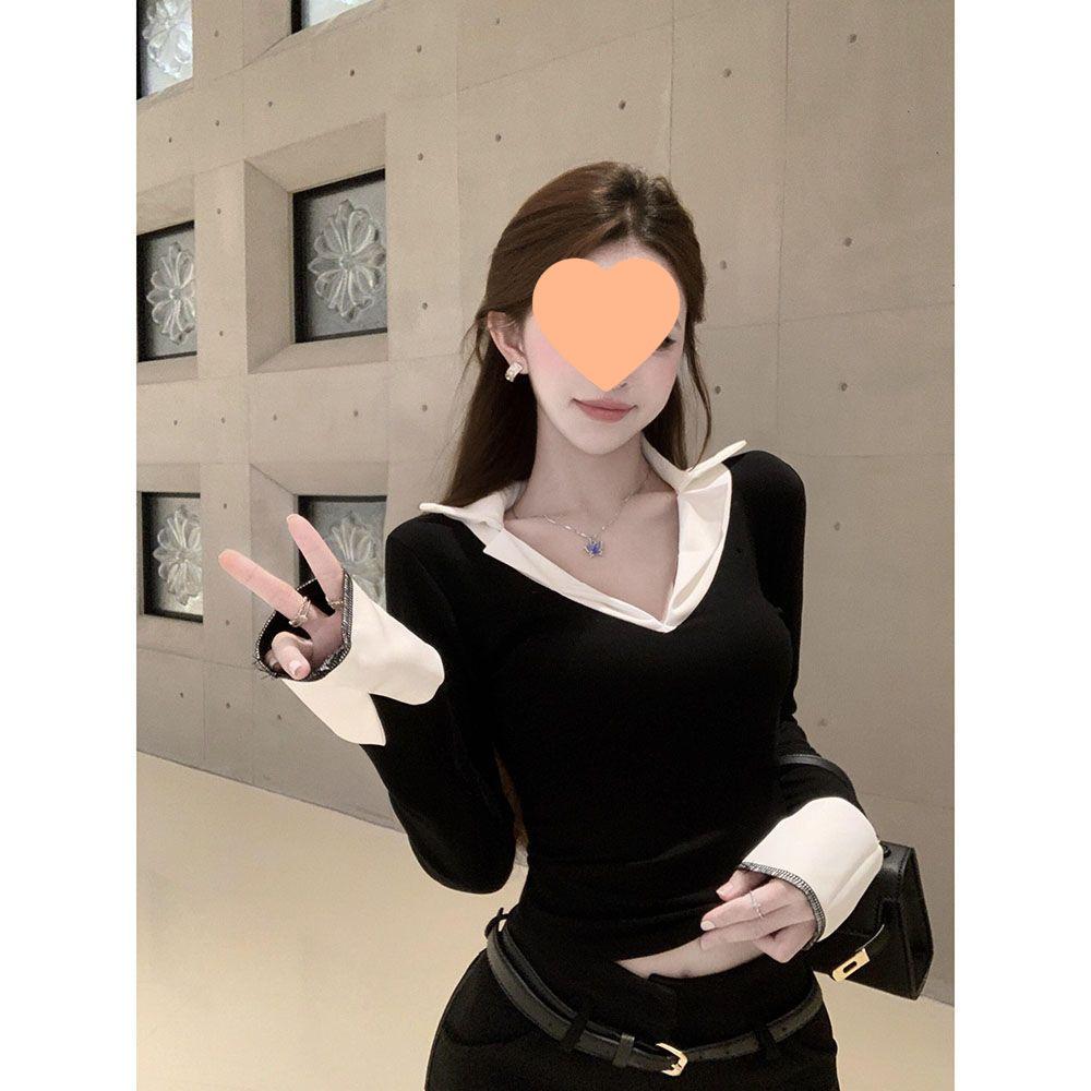 Würziges Mädchen V-Ausschnitt Figurbetont Schwarz Patchwork Zweiteiliges Oberteil - Langarm-T-Shirt für Herbst/Winter