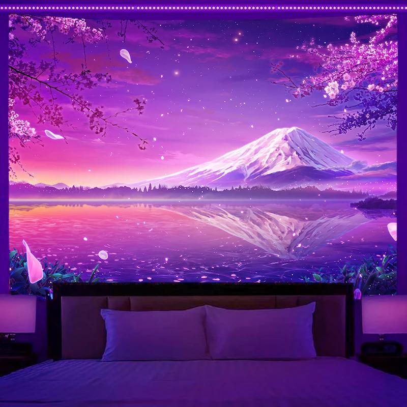 Fluorescent Tapestry Neon Mountain Landscape Hippie Wall Hanging Home Bedroom Room Party Decoration Background Cloth