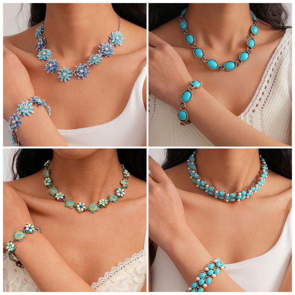 Turquoise Blue Diamond Flower Stud Earrings Necklace Light Luxury Niche Clavicle Chain Premium Jewelry Set