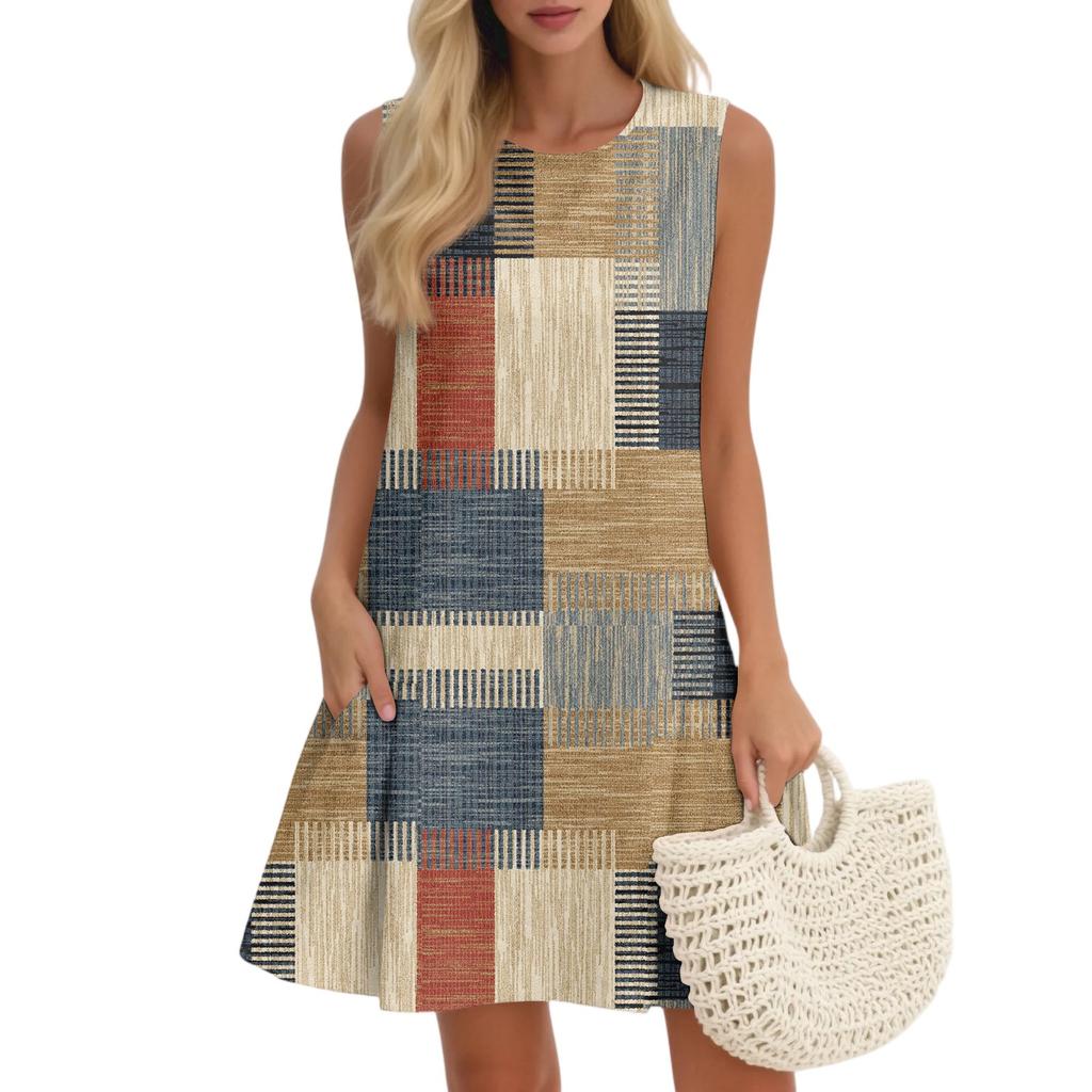 Women's Casual Fashion Breathable Round Neck Vest Floral Holiday Dress With Pockets