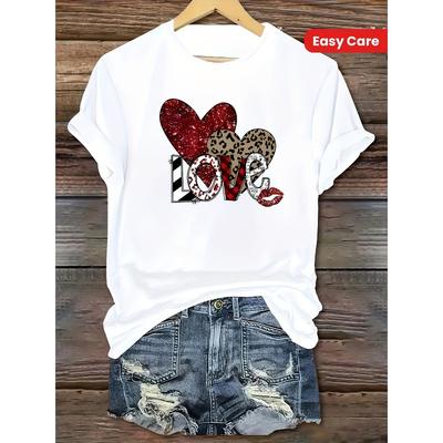 Europäische Größe Damen Freizeit-T-Shirt mit kurzen Ärmeln - Valentinstags-Leopardenmuster & Glitzer-Herz-Design mit auffälliger LOVE-Schrift