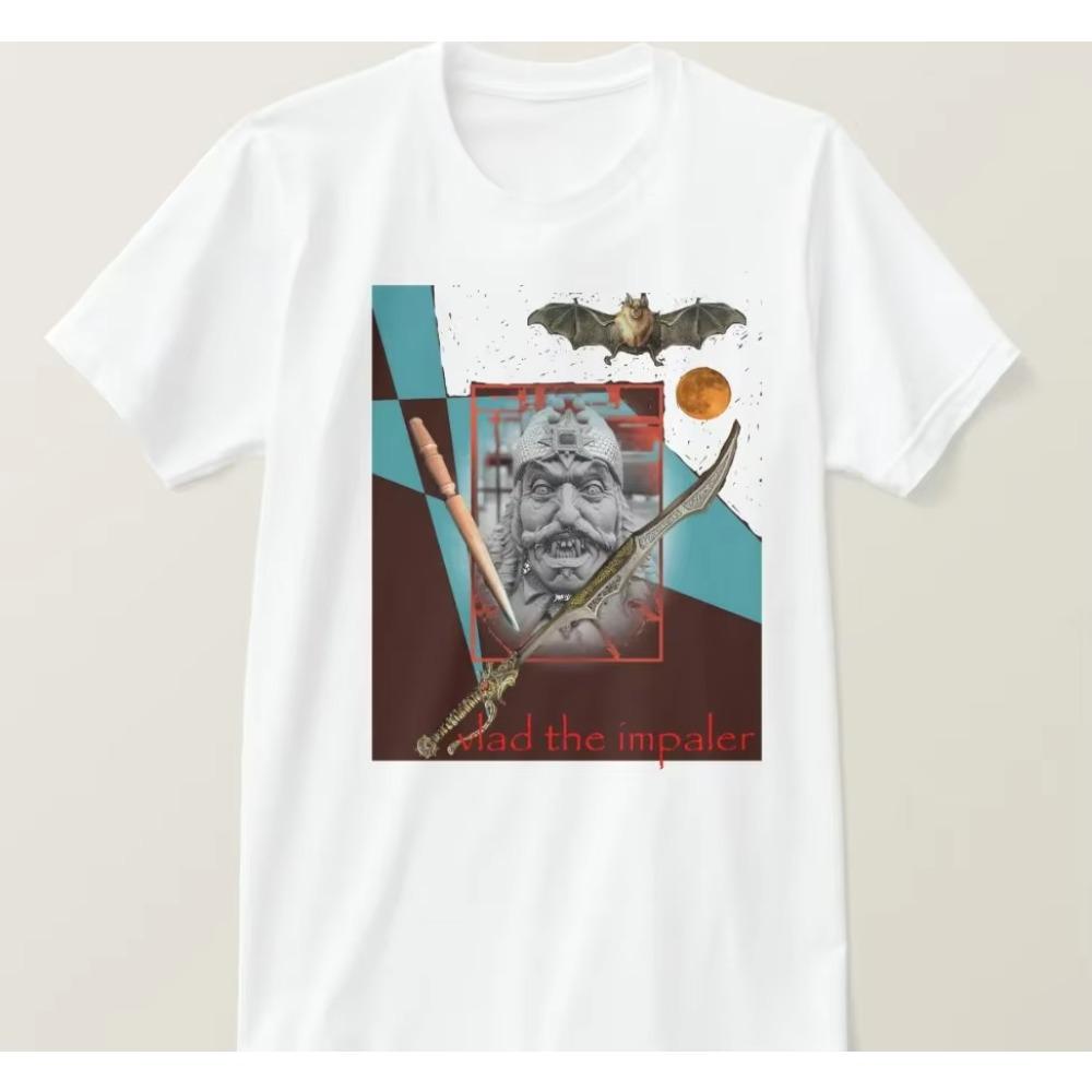 Vlad der Pfähler Knurrend. Vlad Dracula Statue Schwert Mond Fledermaus T-Shirt. Sommer Baumwolle Kurzarm O-Ausschnitt Herren T-Shirt S-3XL