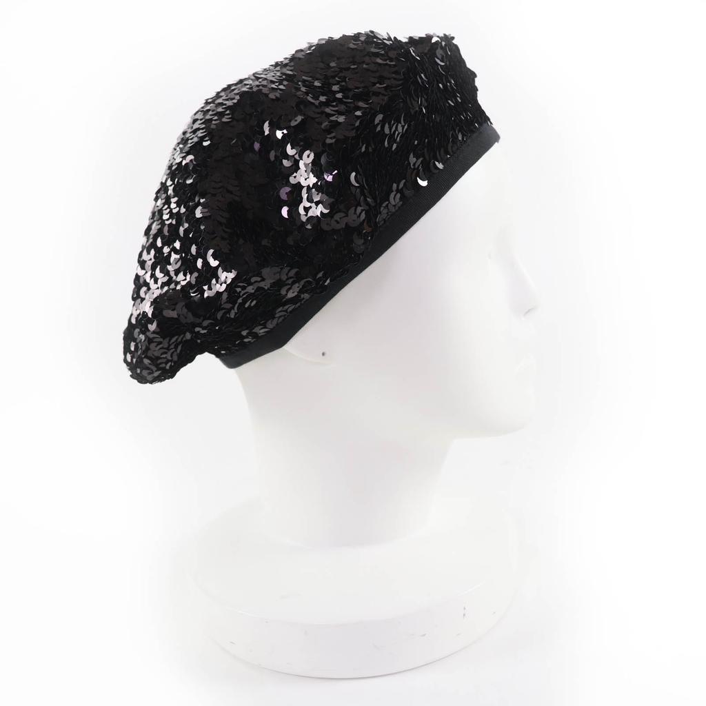 Great CHANEL Beret COCO Mark 100% Silk Lining with Sequins Black Women M 17C Used