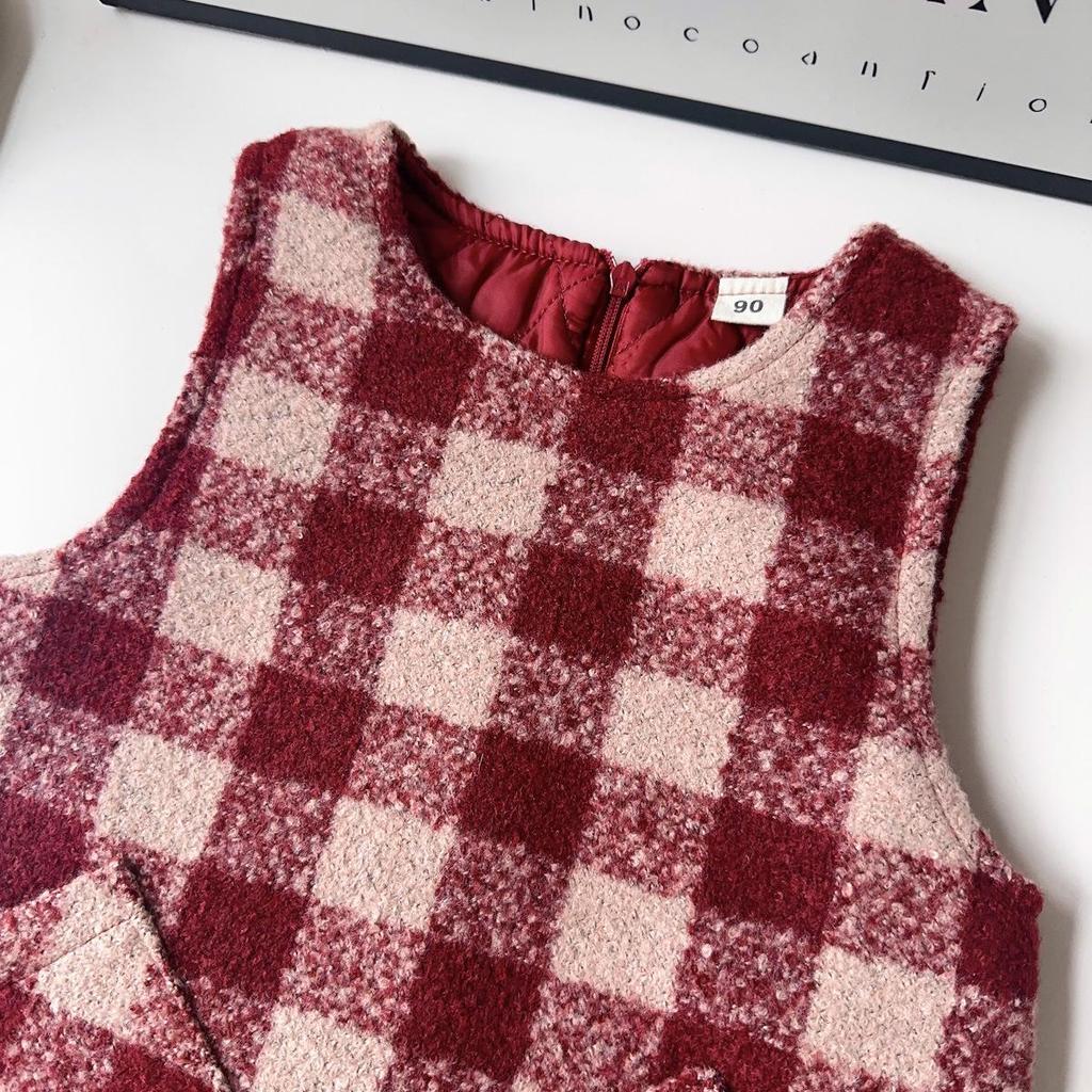 Girls' Mori Style Plaid Wool Coat & Vest Dress Winter Set