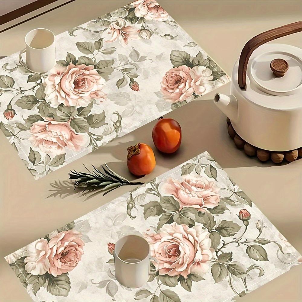 JIT4 Linen Placemats with Vintage Rose Design, Measuring 12X18 Inches, Suitable for Decorating Family Kitchen Tables, Festive Party Settings, And Home