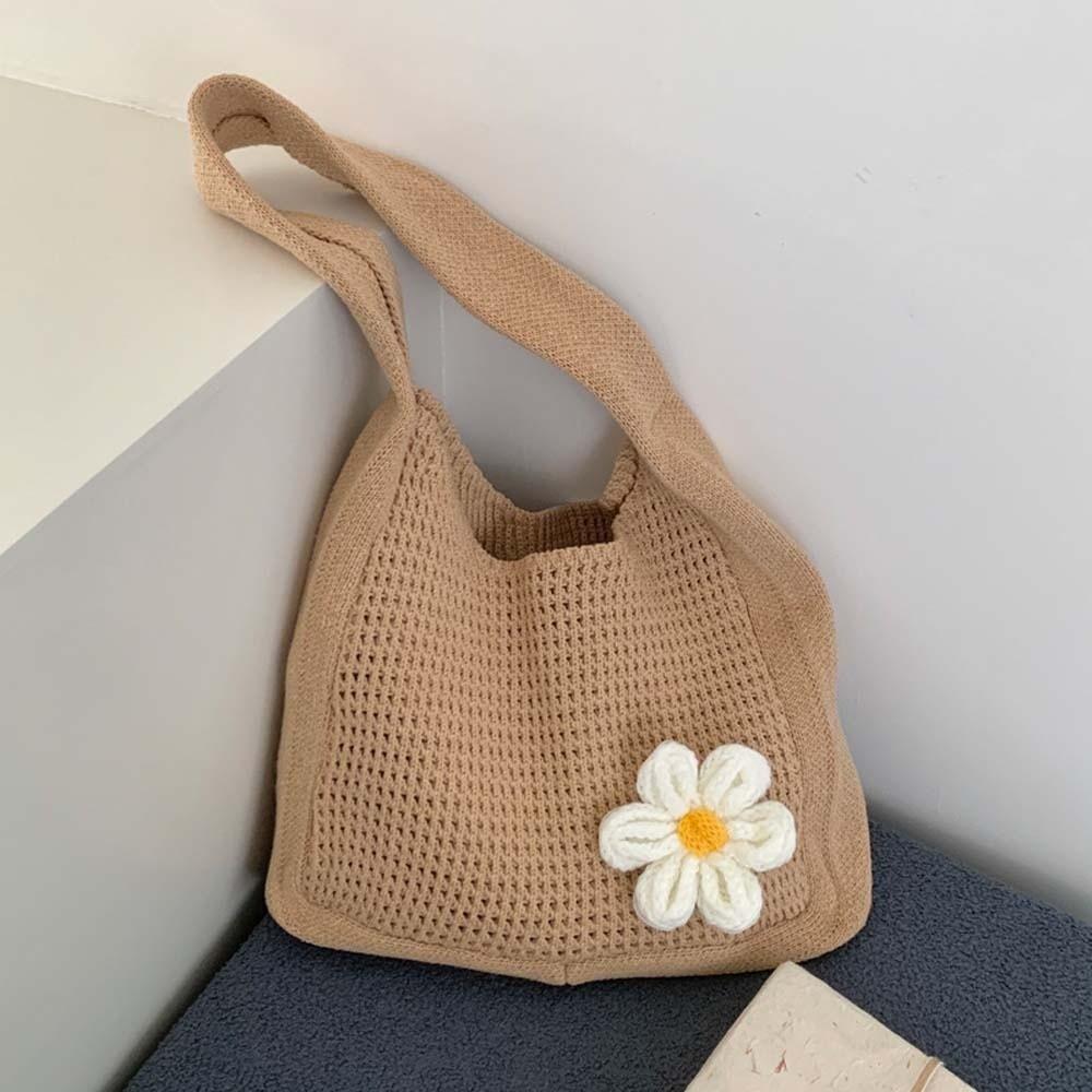 with Crochet Flower Crochet Shoulder Bag Breathable Seaside Vacation Handbag  School