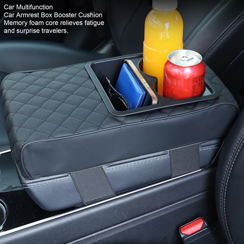 Arm Rest Cover for Car Waterproof PU Leather Armrest Box Mat with Cup Holder Armrest Box Pad Side Storage Pocket Accessories
