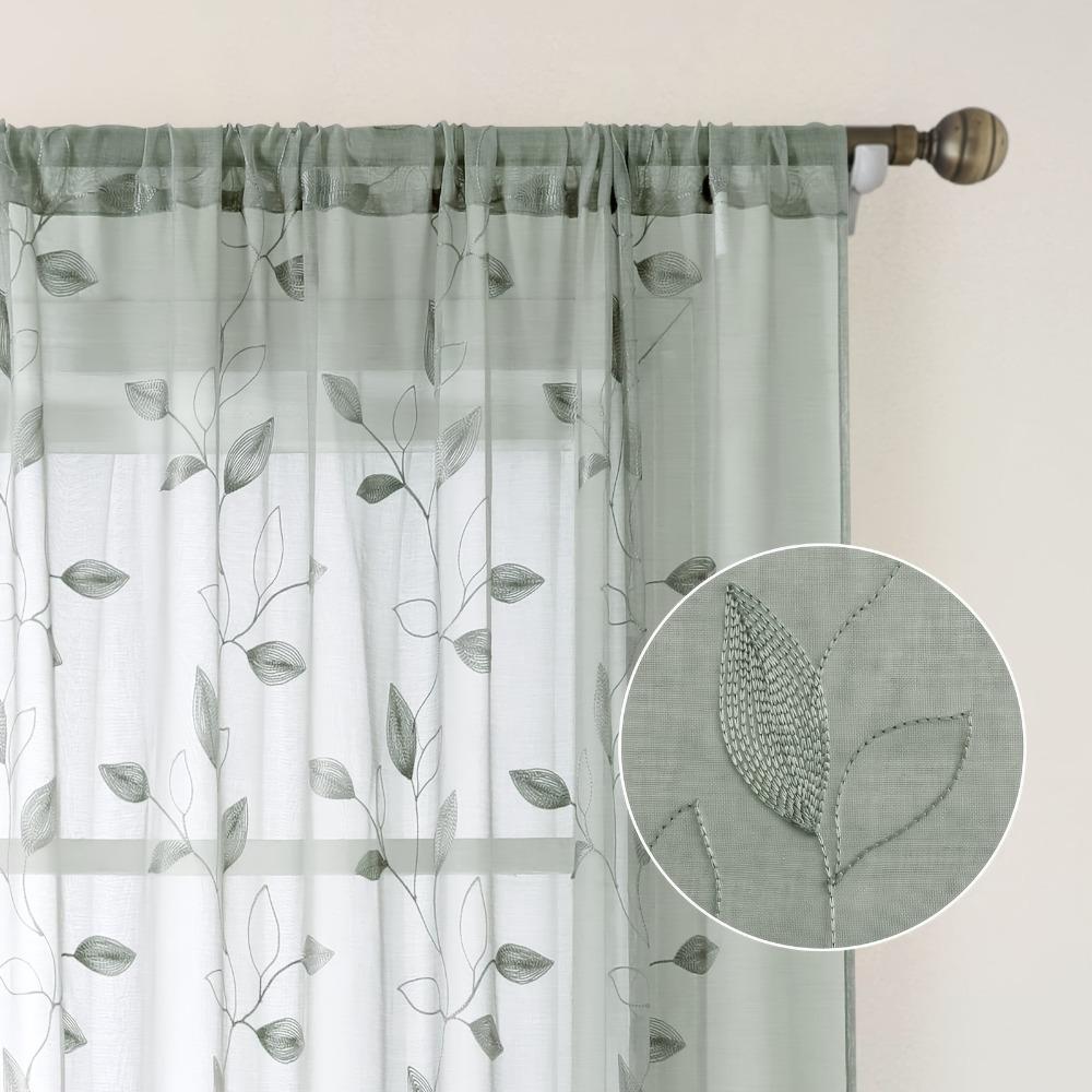 2PCS Semi-Transparent Embroidered Leaf Window Thin Curtain Through-shaft Type Soft Window Sheer Washable Modern Style