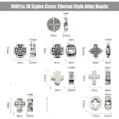 DanLingJewelry 100 szt. 10 stylów Krzyż Tybetański Krzyż Crucifix Koraliki Dystansowe Starożytne Srebrne Koraliki z Krzyżem Religijnym do Tworzenia Biżuterii Rękodzieła Materiały