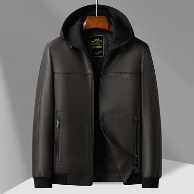 Leather Jacket Men's Autumn and Winter New Hooded Leather Jacket Men's Business Casual Velvet Lining Leather Jacket