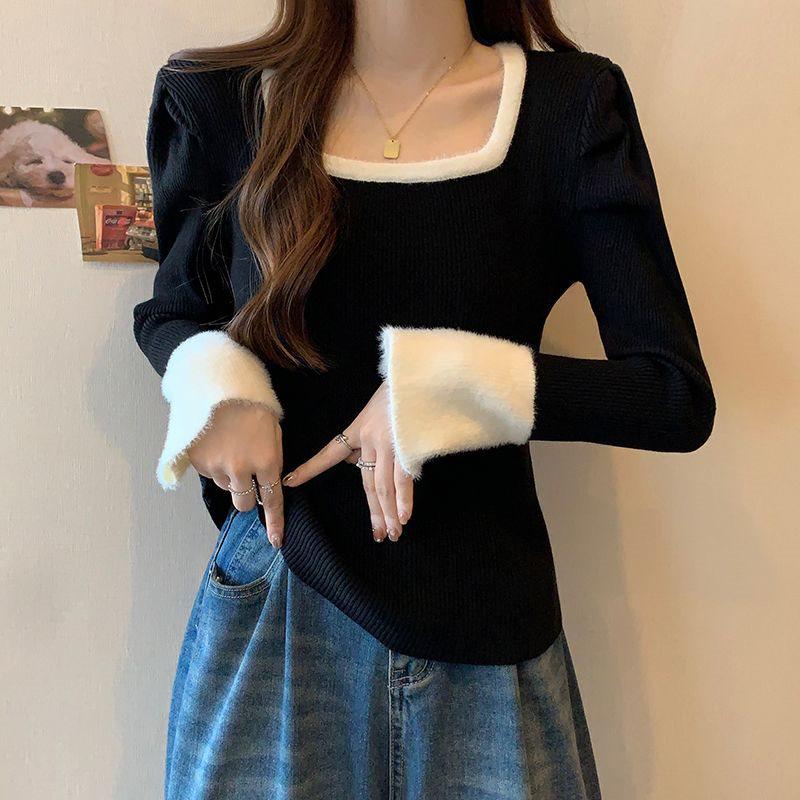 Dámský úzký pletený svetr s barevnými bloky - francouzský čtvercový výstřih, trendy krátký top na podzim/zimu