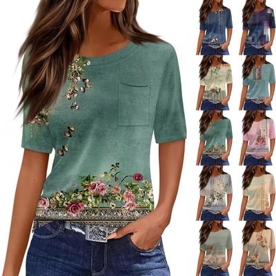 T-shirt à manches courtes pour femme à col rond et poche avec imprimé floral vintage