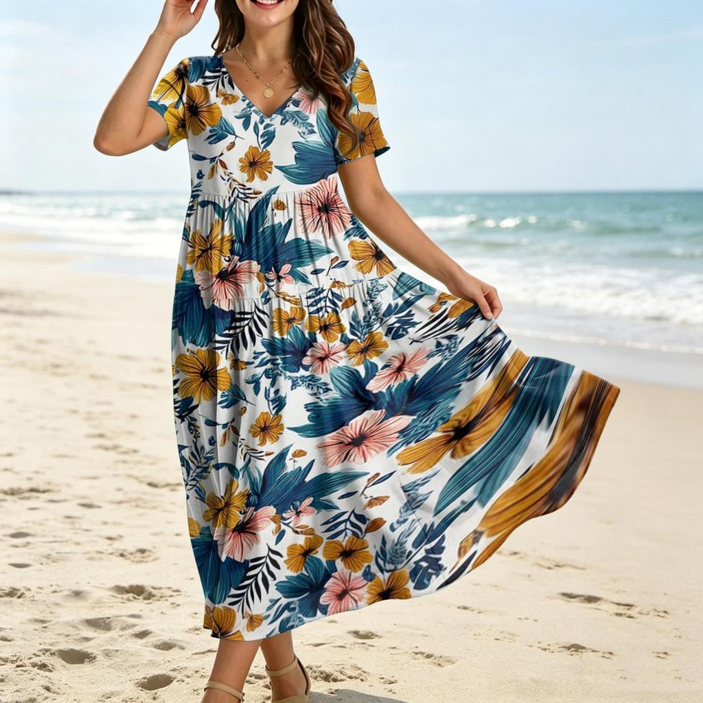 Frauen Casual Lose Bohemian Blumenkleid Kurzarm Lange Maxi Sommer Strand Swing Kleid