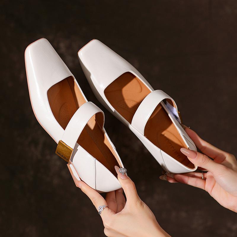 X Fairy Mary Jane Shoes Velcro Soft Leather Versatile Square Head Single Shoes Low Heel Stepable Heel