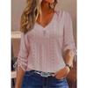 Women's Solid V-Neck Jacquard Button-Down Long Sleeve T-Shirt