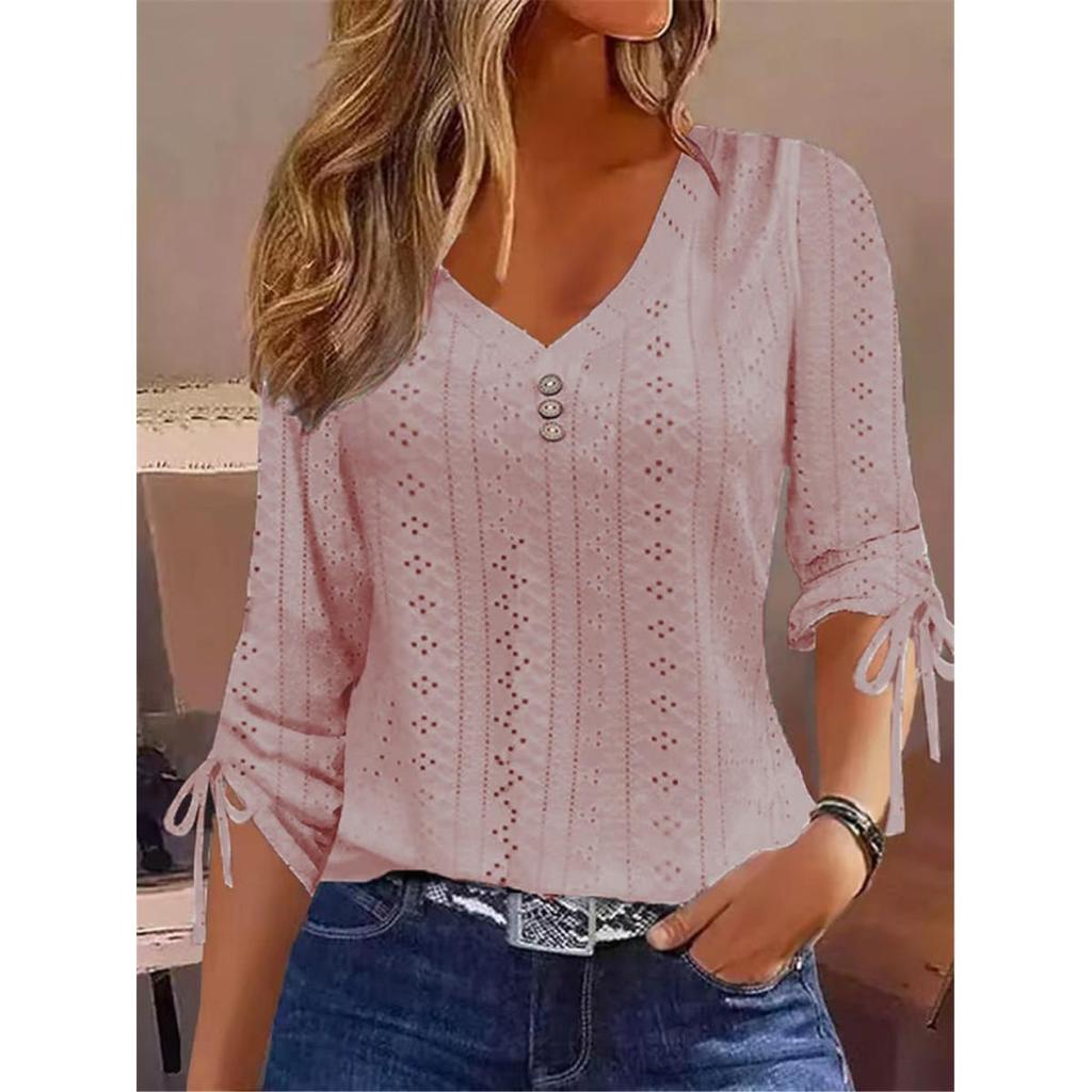 Women's Solid V-Neck Jacquard Button-Down Long Sleeve T-Shirt