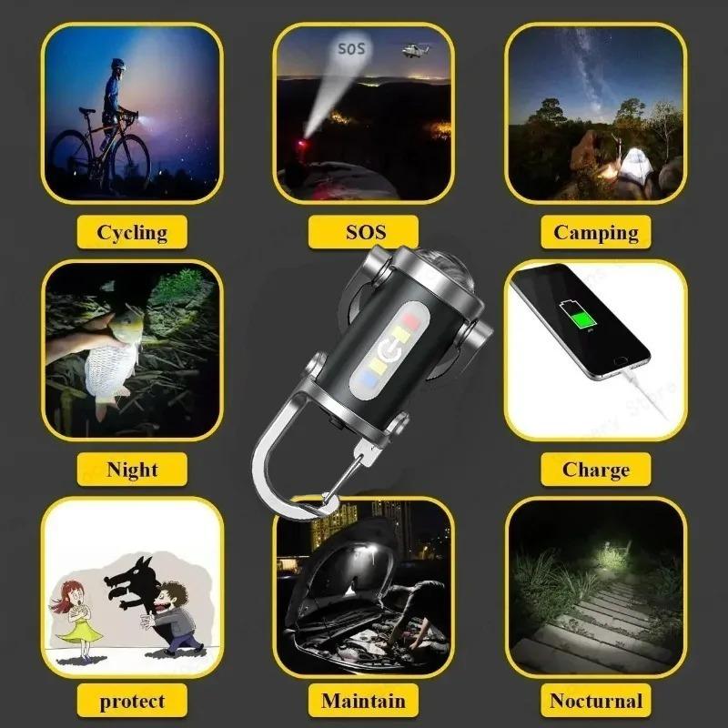 Ultra Bright Keychain Flashlight USB Type-C Charging 6 Modes Mini COB Work Light Waterproof Outdoor Emergency Tool