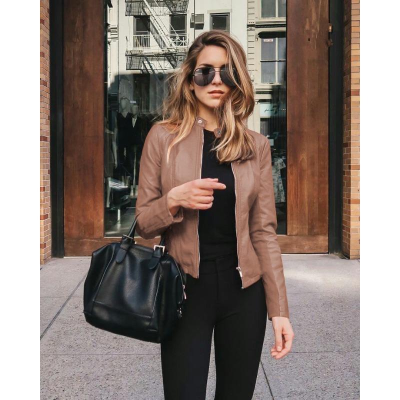Autumn Winter Stand Collar Casual Fashion PU Leather Coat Women Street Style Solid Color Zipper Cardigan Outwear Top