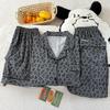 Schickes Pyjama-Set mit Leopardenmuster: Damen Kurzarm Sommer Dreiteilige Homewear