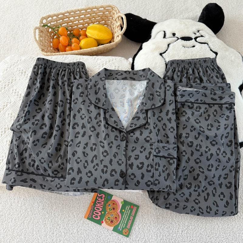 Schickes Pyjama-Set mit Leopardenmuster: Damen Kurzarm Sommer Dreiteilige Homewear