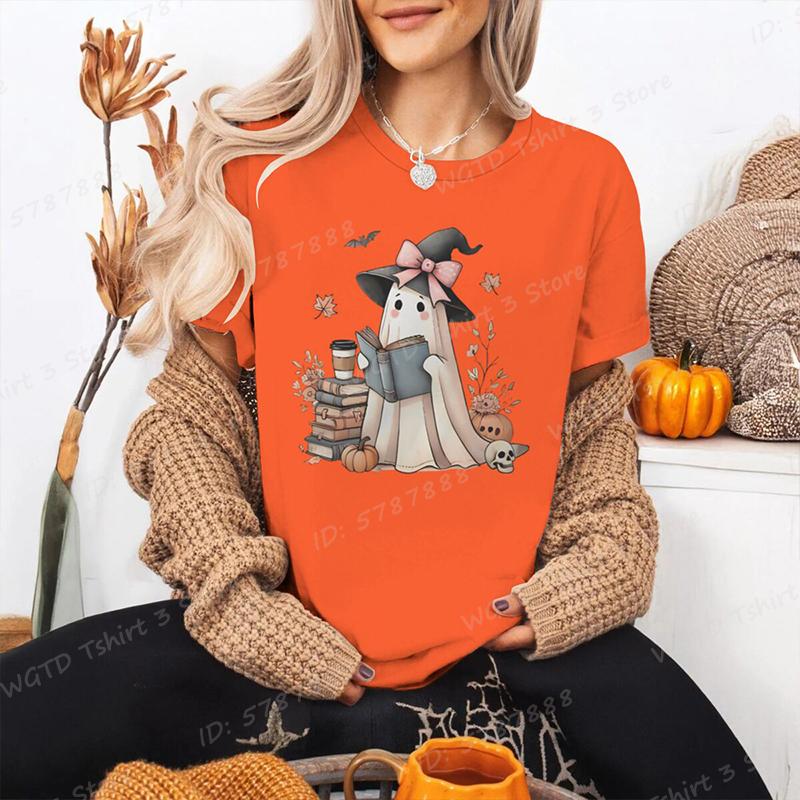 Funny Halloween Skeleton  Pumpkin Letter Print Tshirts Trendy Casual Short Sleeve Crew Neck Tees Tops Womens Clothing