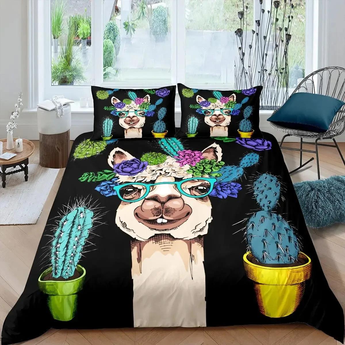 

Cute Cartoon Alpaca Llama Cactus Print Duvet Cover Set Full Size, Alpaca Bedding Set Botanical Animal Comforter Cover,Multicolor 70x133cm