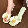 2025 Summer New Square Head Female Flower Slippers High Heels European and American Style Beautiful Color Thin Heel Fashion Fairy Cool Slippers