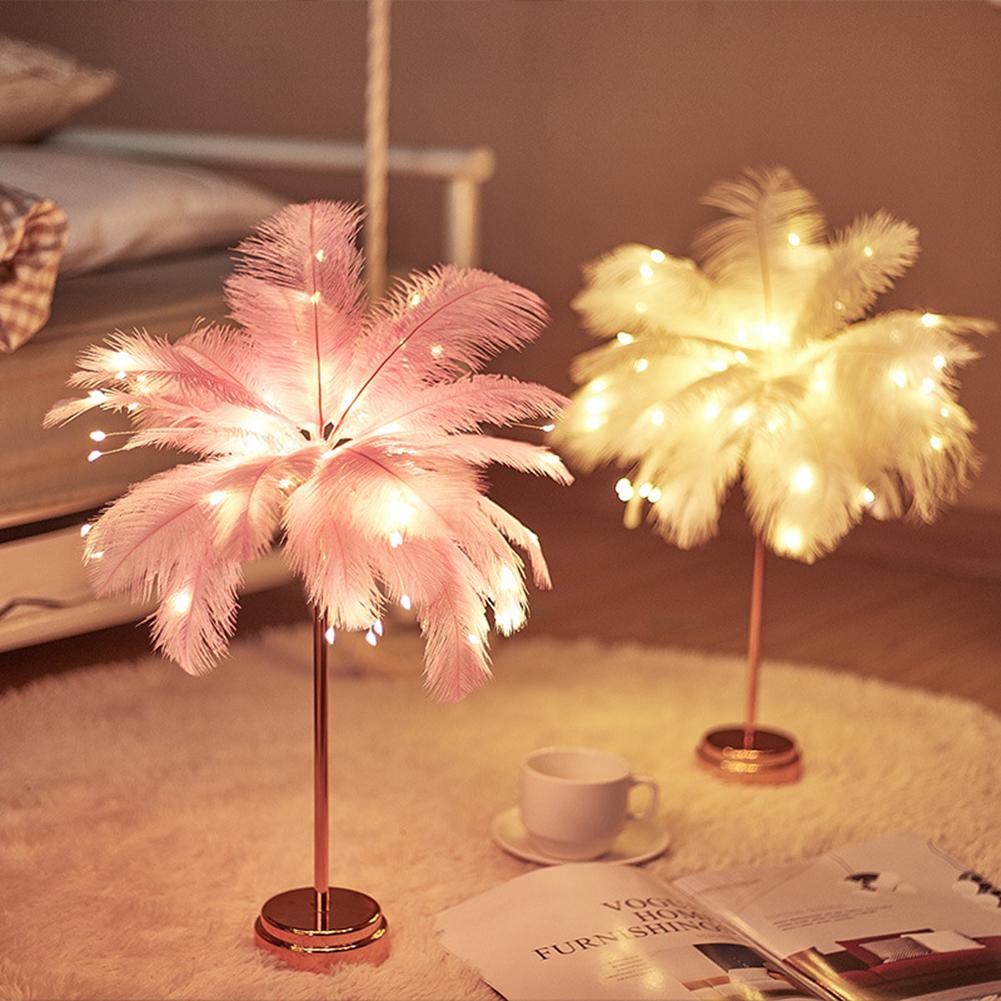 34cm Feather Decor Atmosphere Lamp Rechargeable Romantic Desk Decor Lamp Versatile Warm White for Party Wedding Christmas Decor