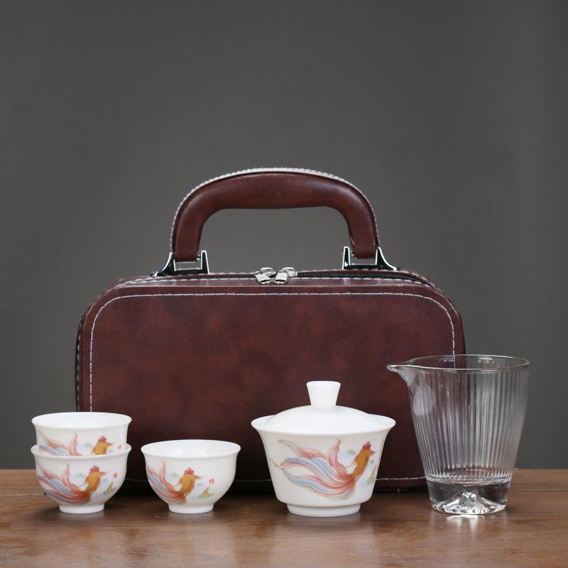 Suet Jade Porcelain High-end Travel Tea Set Cover Bowl Teacup Business Leader Customer Teacher Father Commemorative Gift