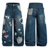 Unisex Vintage College Style Washed Denim Jeans With Embroidered Cartoon Motif Loose Straight Cut Casual Pants